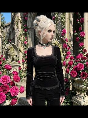Black Velvet Lace-Trim Long Sleeve Square Neck Top